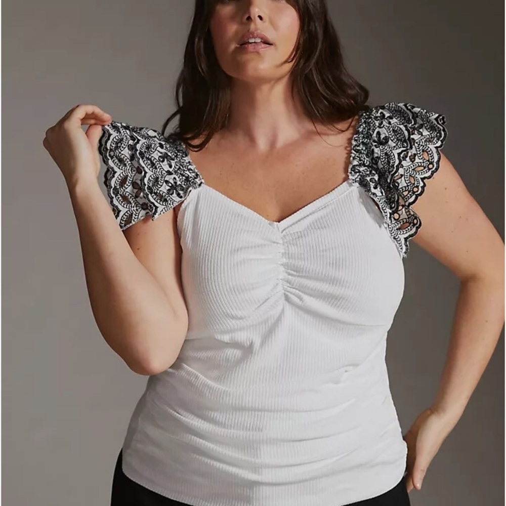 Anthropologie White Top with Black Lace Sleeves